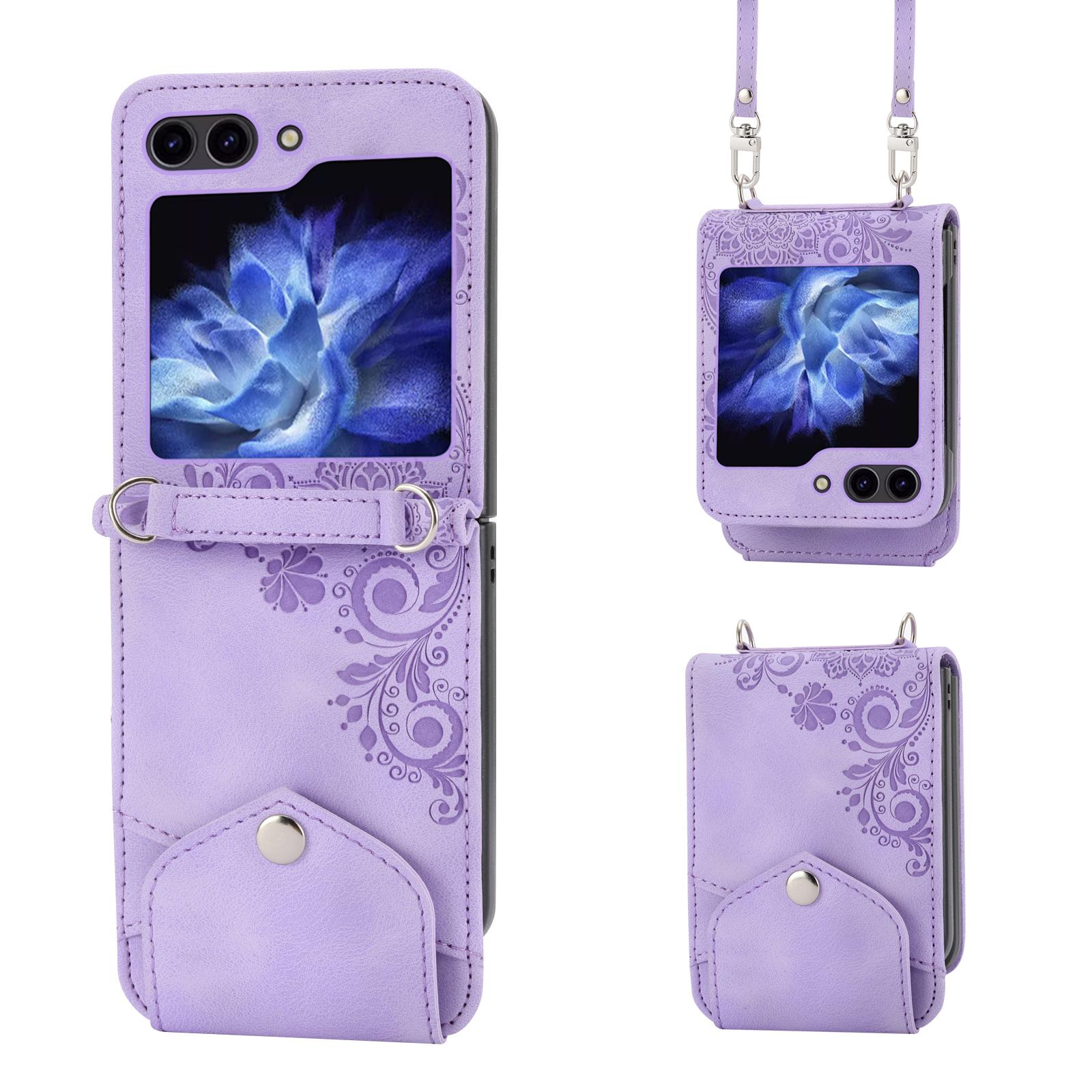 

For Samsung Galaxy Z Flip6 5G Leather Case Multiple Card Slots Phone Cover with Shoulder Strap Purple