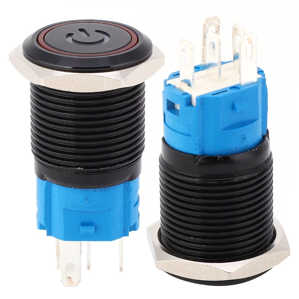 2PCS Black Self Locking Metal Switch IP65 Protection with LED Lamp and Symbol 16mm