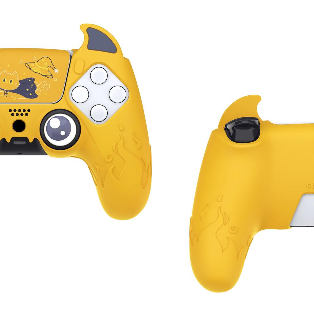 PlayVital PS5 Controller Silicone Cute Controller Cover Skin Protector with Thumb Grip Caps Touchpad Stickers Cover, (Demon Style) & (Yellow)