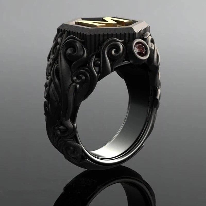 Classic Retro Black Men Rings Gold Color Carving M Letter Signet Steampunk Rings for Men Birhday Gift Party Gothic Jewelry