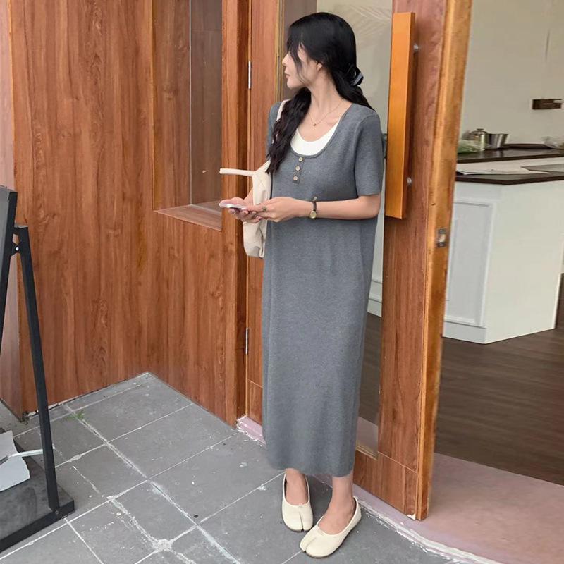 Maternity Dress - Summer 2026: Stylish Striped Patchwork, Short Sleeve, Loose Fit, Versatile Long Dress Medium