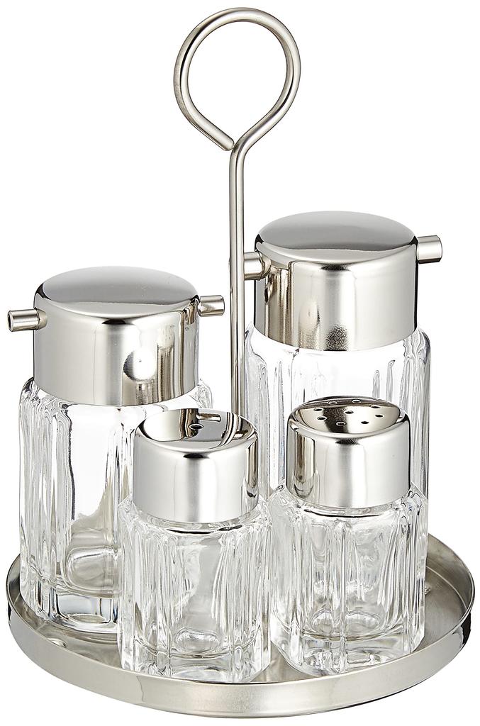 Emtaka 4-Piece Seasoning Container Set with Stainless Steel Lid, Commercial-Grade Caster Set, Round Tray, Glass, Made In Japan, ETK-4576