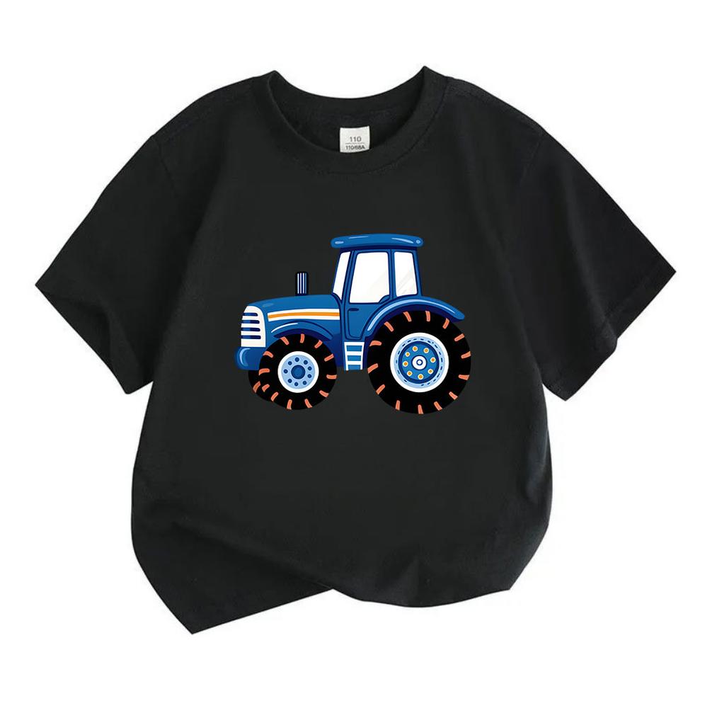 Kids Boys Girls 100% Cotton Crew Neck Short Sleeve T-Shirt, Cute Blue Cartoon Tractor Print Casual Summer Tee Tops for Children Daily Wear