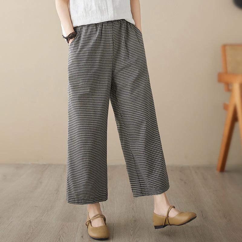 

Summer new cotton and linen elastic waist loose casual nine-point wide-leg straight pants women s thin 2XL