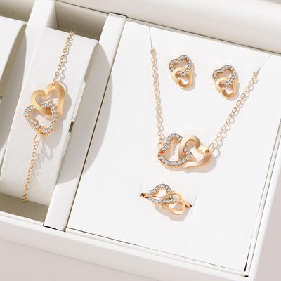5-teiliges Set Modisch Elegant Gold Strass Herzförmig Dekorative Zirkon Ohrringe Halsketten Armbänder Ring Kombinationen