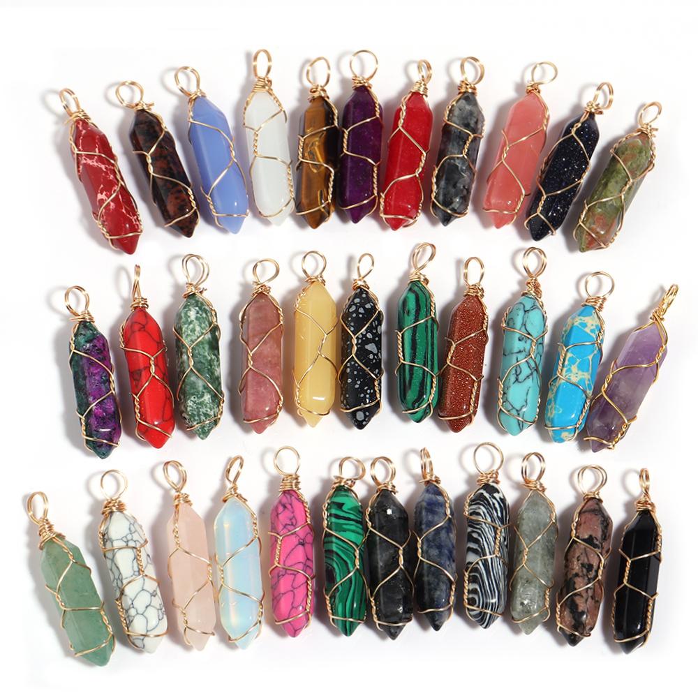 1 Pc Natural Stone Charms 40mm Color Bullet Shaped Handmade Gold Wire Pendants for DIY Necklace Gifts Jewelry Making Accessories