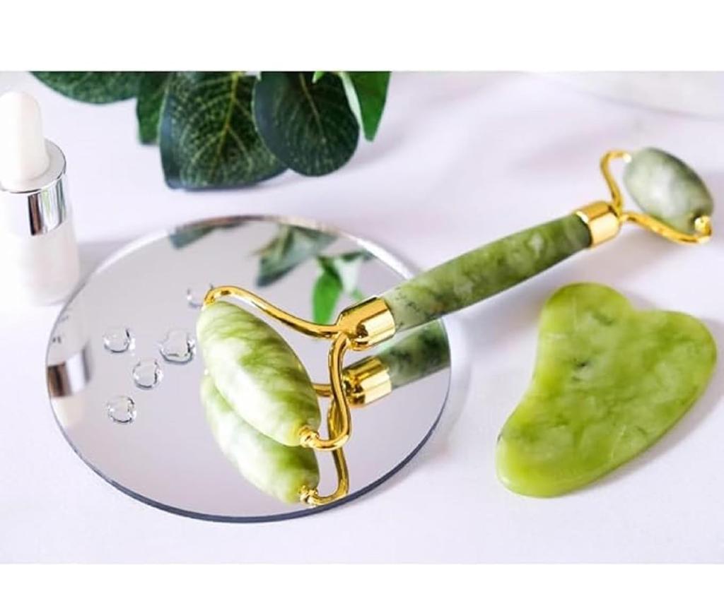 Jade Roller Natural Stone Facial Massage Set, Dual Head Roller and Gua Sha Tool for Face, Neck, Anti-Aging Skincare, Lymphatic Drainage, Wrinkle