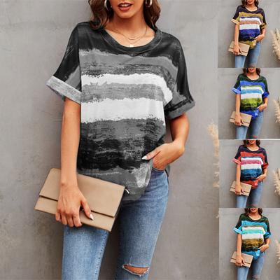 Summer Women Fashion Gradient Striped T-shirt Loose Round Neck Casual Top