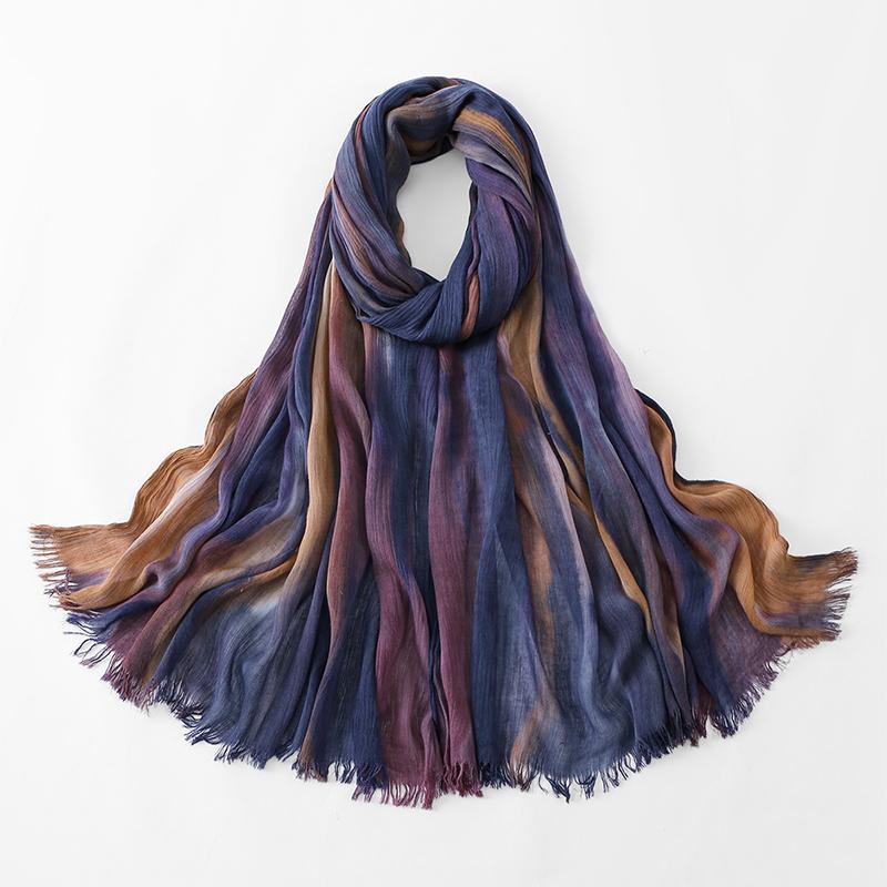 Bohemian Women Tie-Dyed Ombre Crinkle Cotton Rayon Hijab for Ramadan Soft Muslim Hijabs Scarf Breathable Islamic Wraps Shawls