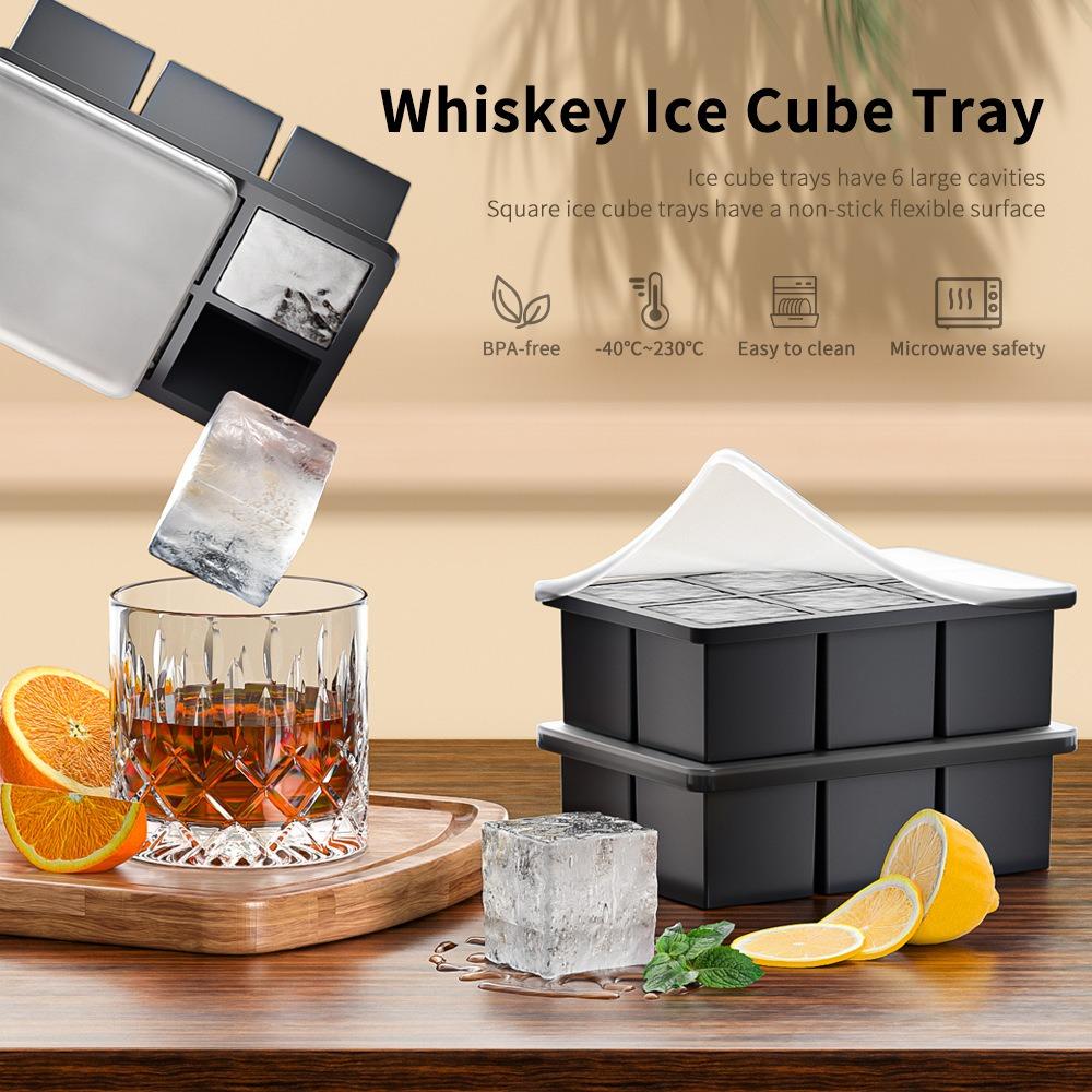 1Pcs Ice Cube Trays Large Size Flexible 6 Cavity Ice Cube Square Molds with Lid for Whiskey and Cocktails, Keep Drinks Chilled