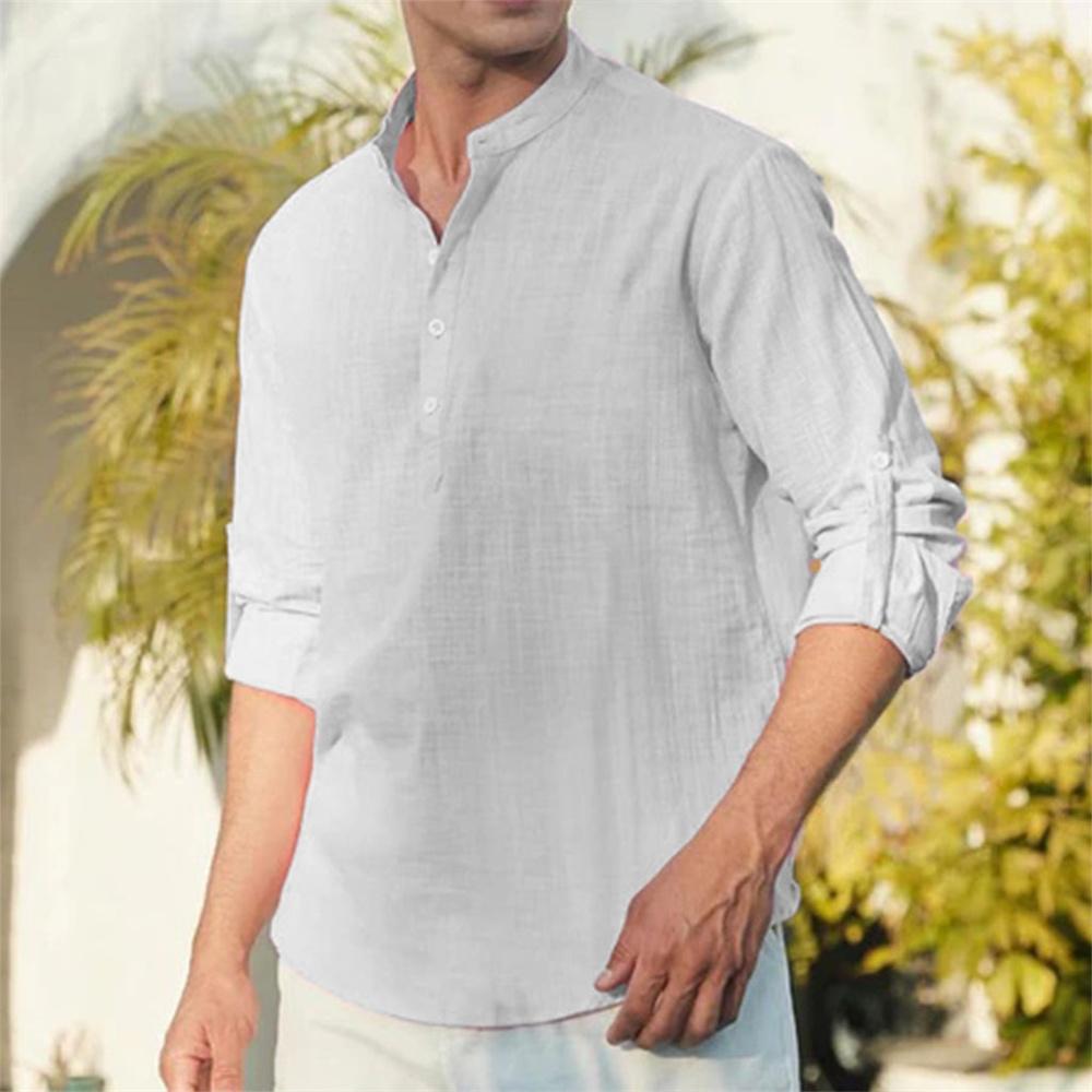 Men's Cotton Linen T-shirt Long Sleeve Spring Summer Henley Neck Casual Simple Style Breathable Fashion Vacation Tops