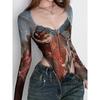 T-shirt da donna, body sexy in rete, top a maniche lunghe con fiocco vintage, da donna, maglietta da ragazza piccante, alla moda, con scollo quadrato
