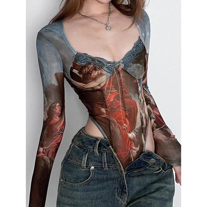 T-shirt da donna, body sexy in rete, top a maniche lunghe con fiocco vintage, da donna, maglietta da ragazza piccante, alla moda, con scollo quadrato