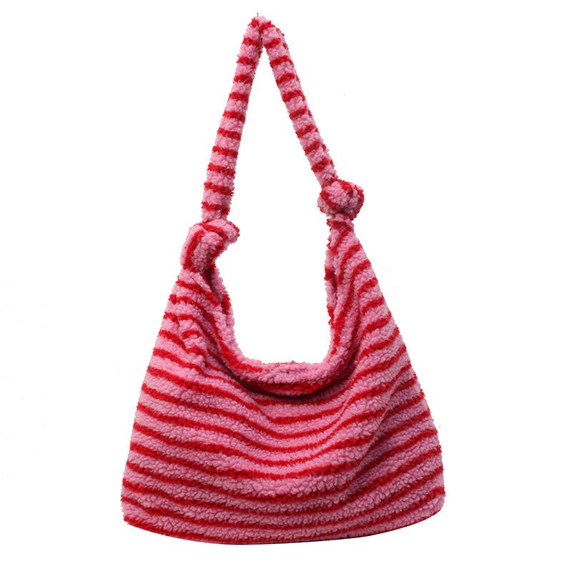 Large Capacity Striped Contrasting Shoulder Bag Women's 2025 New Korean Version Lamb Plush Bag Fashion Tote Bag