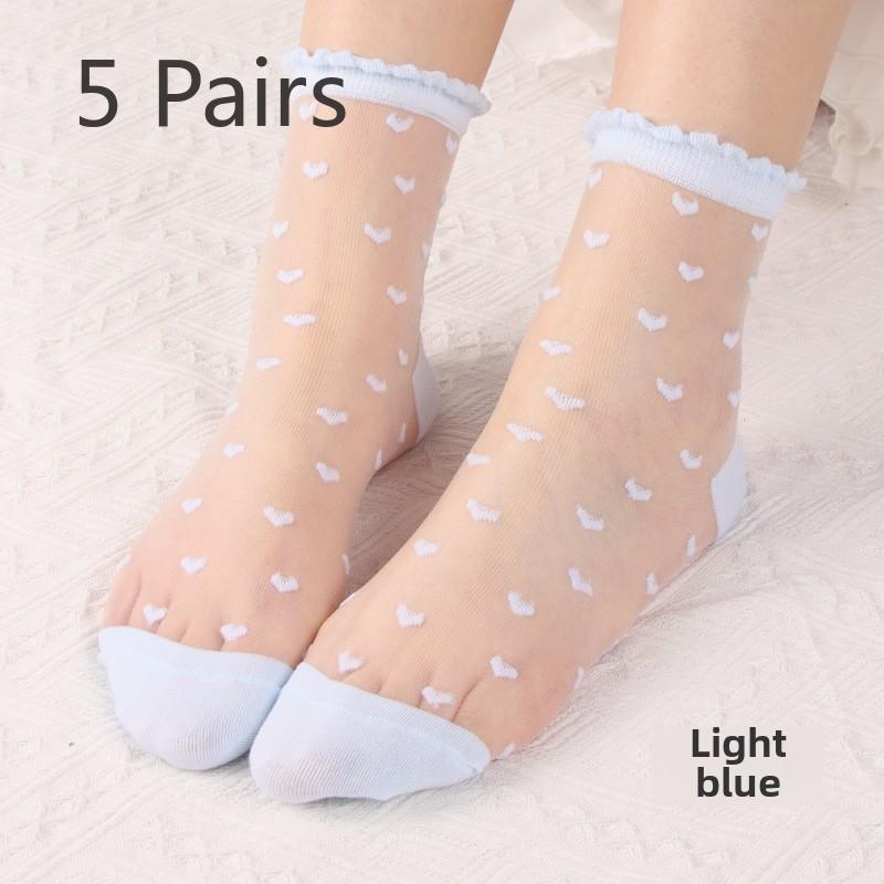 

5 пар женских носков весна и лето тонкие модные тонкие прозрачные шелковые трубчатые женские носки крутые прозрачные чулки Love Glass 5 Pairs небесно-голубой