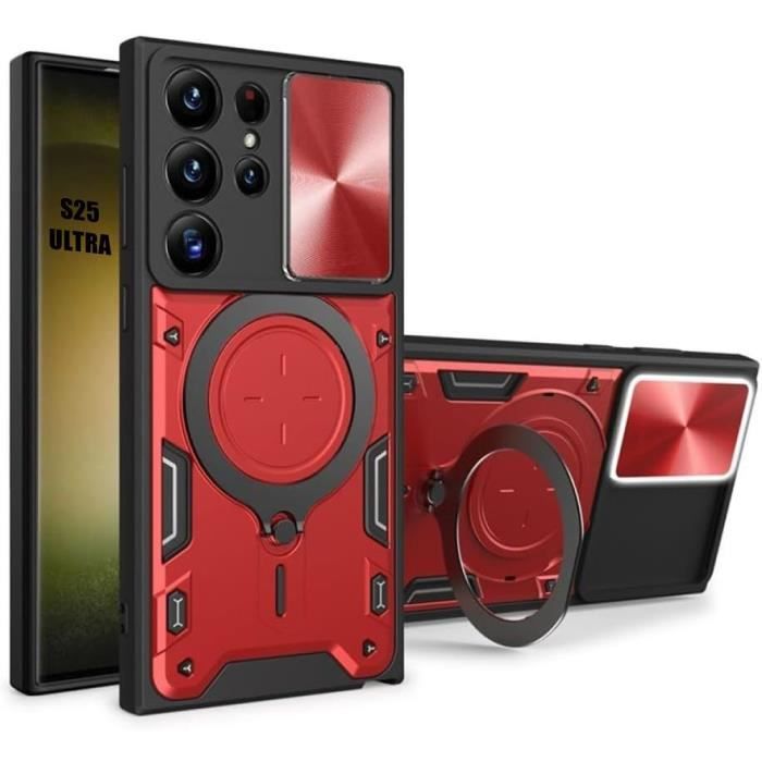 Coque pour Samsung Galaxy S25 Ultra, Antichoc avec Anneau Support et Protection Objectif - Rouge