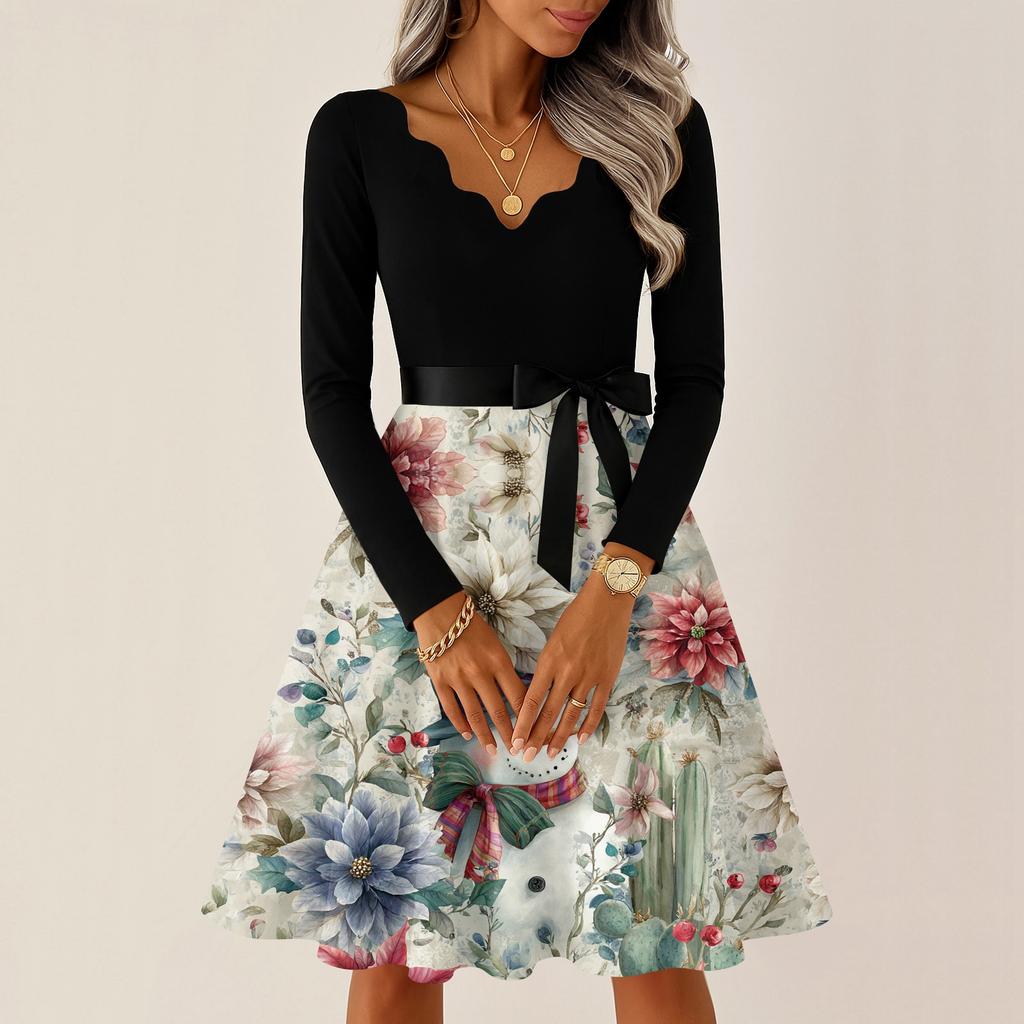 Women's Casual Fashion V-neck Long Sleeved Retro Christmas Print Retro Dress