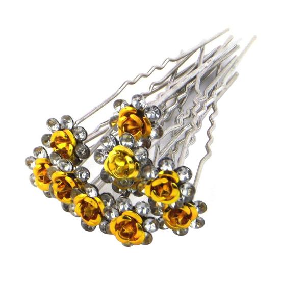

10 шт. женская модная посеребренная заколка для волос со стразами и розами, заколка для волос жёлтый