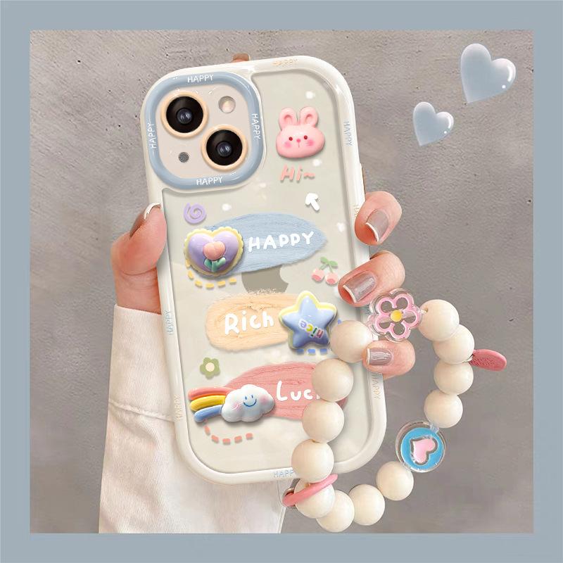 Applicable To Apple 14promax Mobile Phone Case IPhone 13/15 Three-dimensional Pigment Rabbit Chain 11 Silicone All-inclusive X