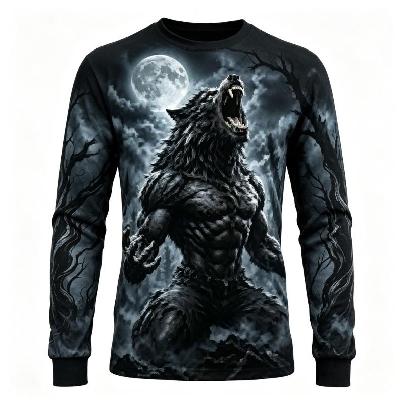 Men's Long Sleeve T-Shirt Werewolf Full Moon 3D Print Gothic Horror Crew Neck Casual Top
