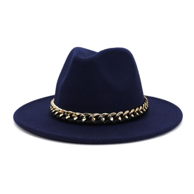 Chain Autumn and Winter Fashion New Men and Women Couples Top Hat Woolen Top Hat Flat Brim Big Edge Straight Edge Jazz Hat
