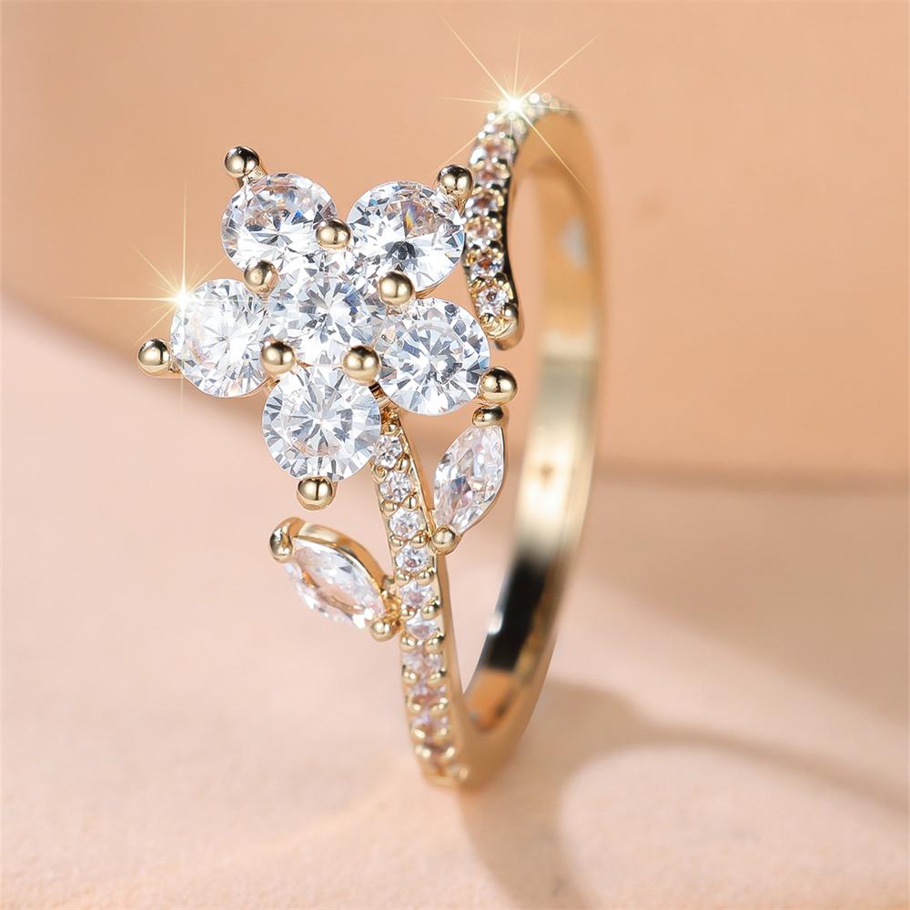 Cute Crystal Flower White Zircon Opening Rings For Women Vintage Gold Color Engagement Ring Wedding Jewelry Valentine'S Day Gift