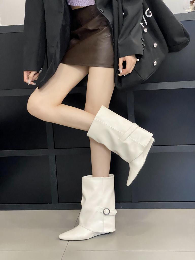 2025 Autumn New Models, French Square Head Slope Heel, European and American Fashion Inner Heel Short Boots, Belt Buckle Medium Boots