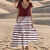 Women's Summer Fashion V-Neck Beach Long Short Sleeve Striped Geometric Print Dresses
