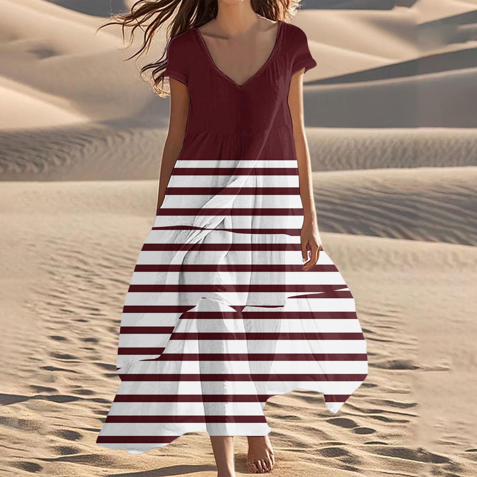 Women s Summer Fashion V-Neck Beach Long Short Sleeve Striped Geometric Print Dresses L винный
