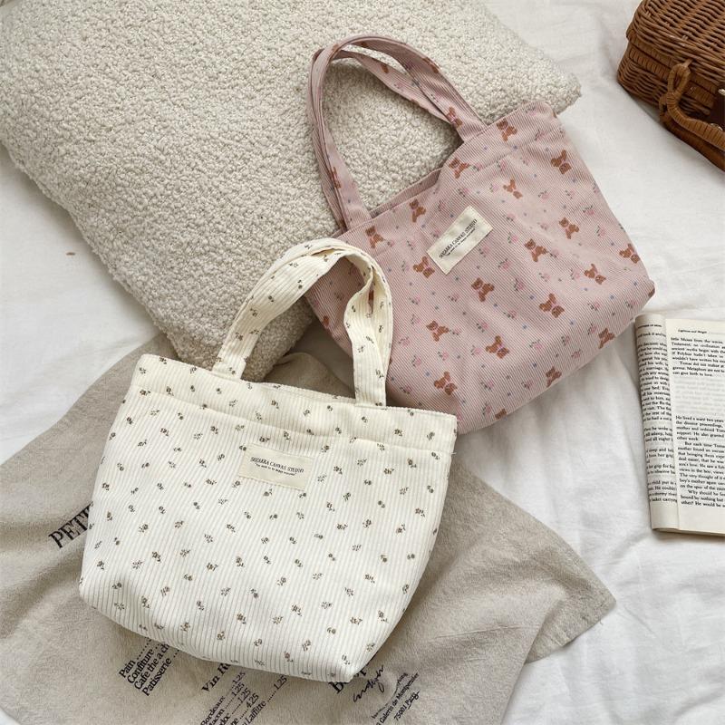 Corduroy Floral Handbag, Simple Tote Bag for Work, Lunch Bento Bag, Shopping Bag