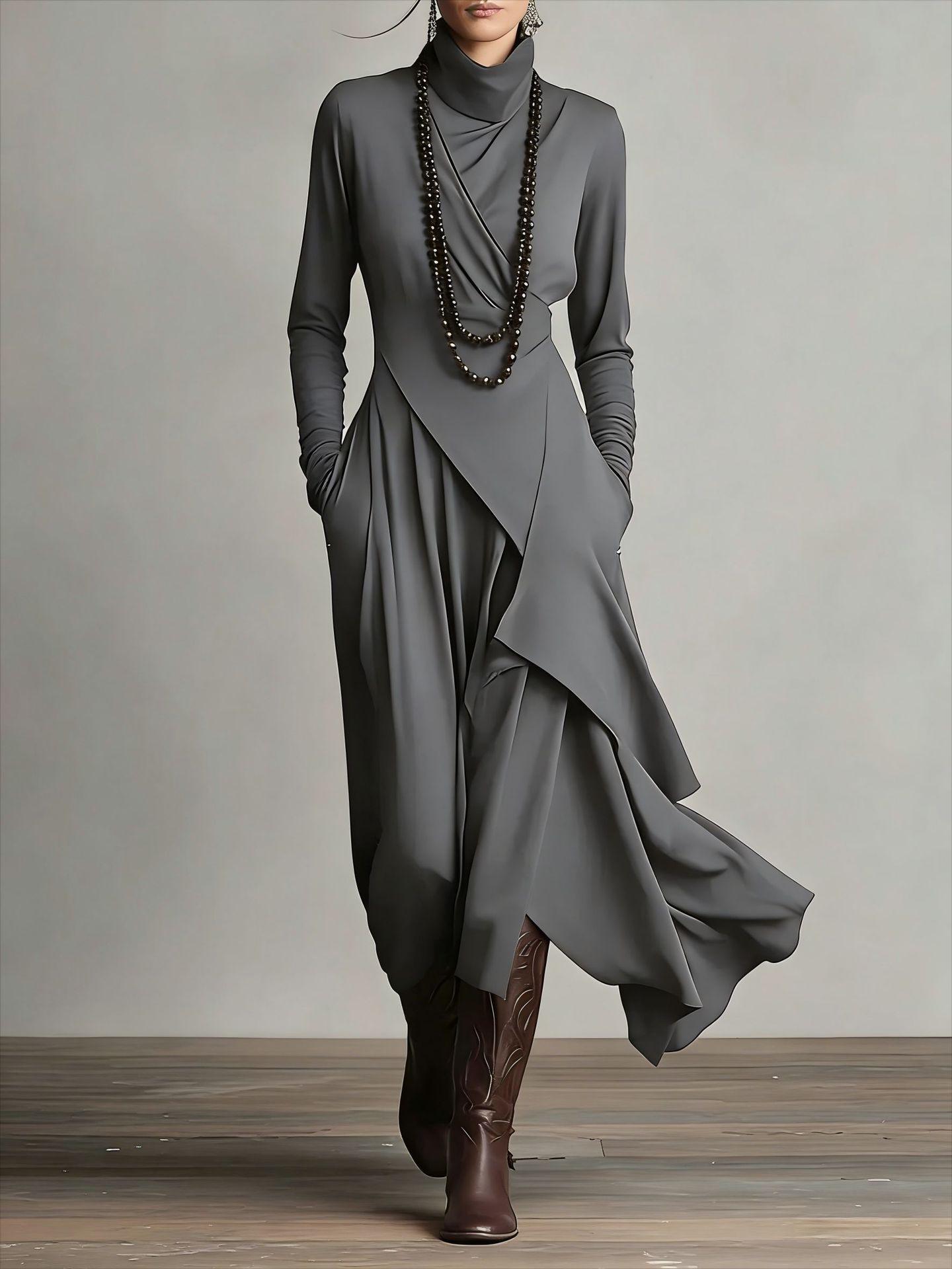 

2025 Women s Solid Color Long Sleeve Cross High Neck Maxi Dress for Spring and Autumn S серый
