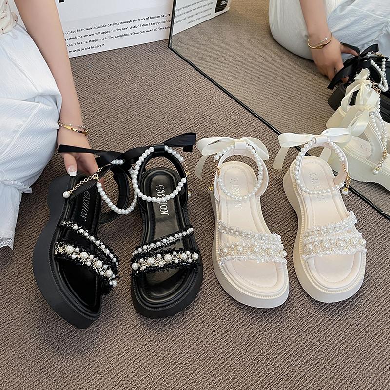 Fashion Women's Sandals Summer New Thick Bottom Round Head Open Toe Pearl Buckle Sandals Casual Fashion Soft Sole Non-slip Sandals
