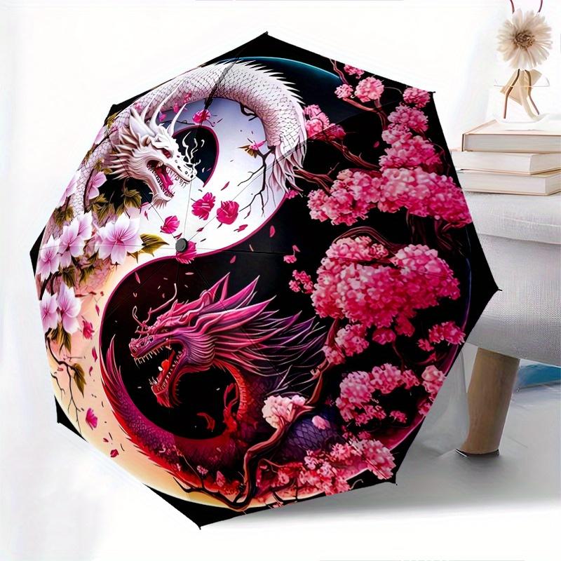 Dragon Yin Yang Automatic Folding Umbrella 8 Ribs, Durable Iron Frame, Bright Color Pattern Compact Travel Umbrella, Suitable for Outdoor,