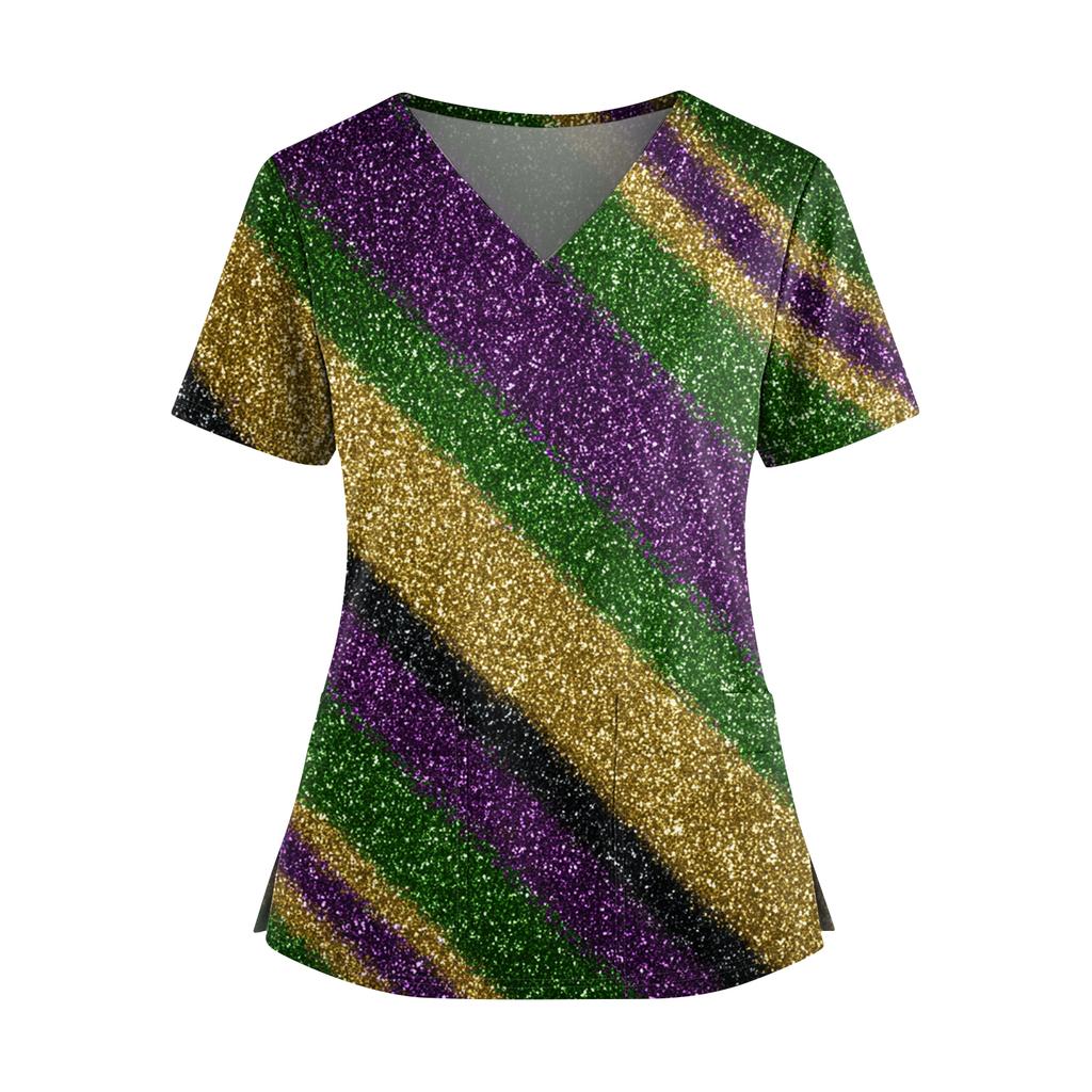 Women's Caregiver  Printed V-Neck Double Pocket Short Sleeves Hem Slit  Uniform Caregiver Top