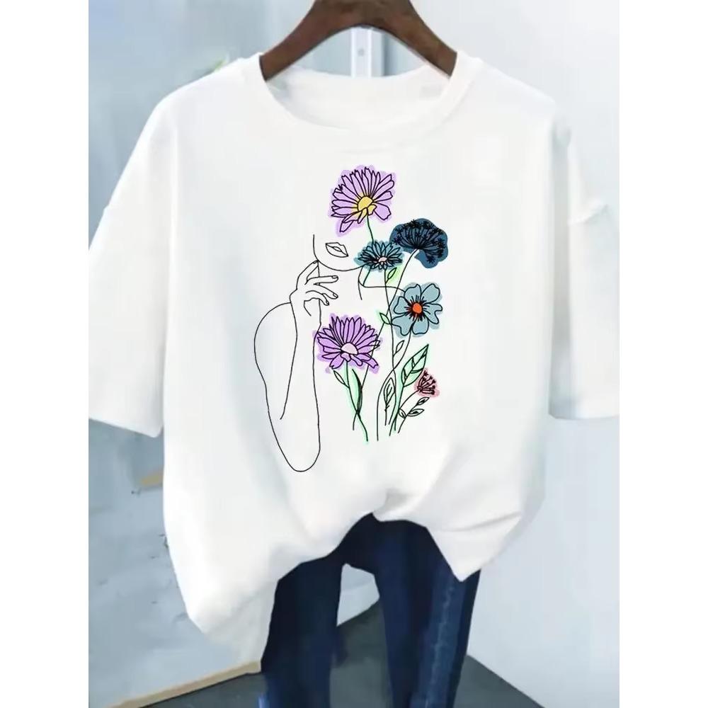 Flower Print Fashion Plant Trend Lovely print ladies T-shirt casual basics O-collar Black shirt short sleeve ladies T-shirts