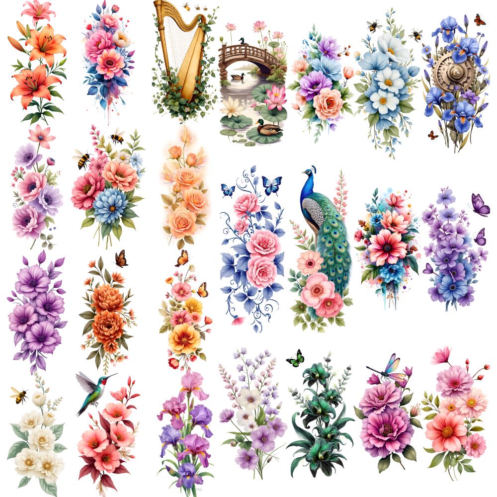 9pcs Temporary Tattoo Floral Arrangement With Hummingbird Colorful Peacock And Flowers Green Flower With Butterfly For