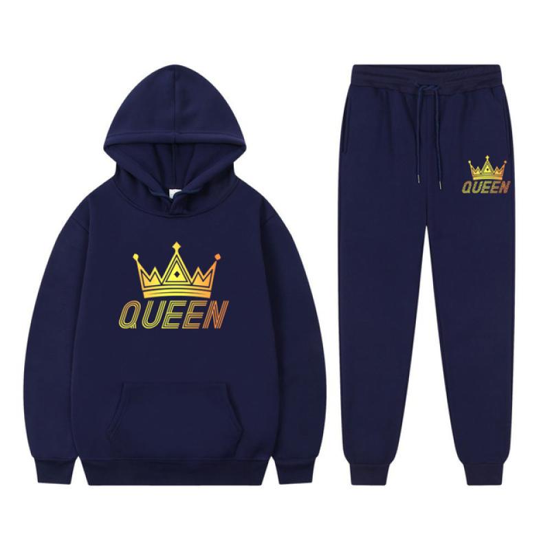 Long Sleeved Tracksuit QUEEN KING Print Lover Couple Outfits Fleece Hoodie Sweatpants Oversized Sweatshirt Pants Suit Men Clothe