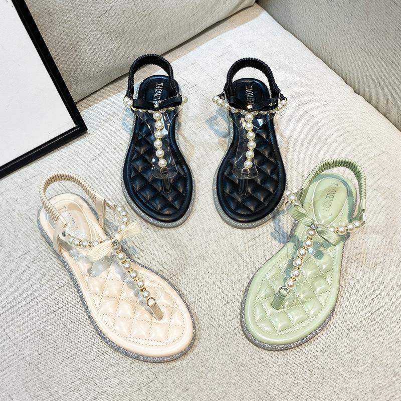 - Taoyuan Club~ Gentle Wind Pearl Toe Slippers Flash Diamond Flat Versatile Sandals Women