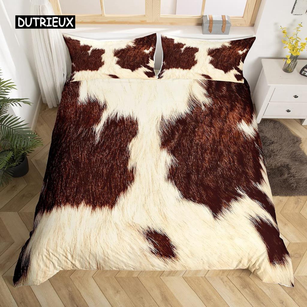 Cowhide Duvet Cover Set King Size Patchwork Cow Fur Print Farm Animal Bedding Set Microfiber Western Farmhouse Style Quilt Cover