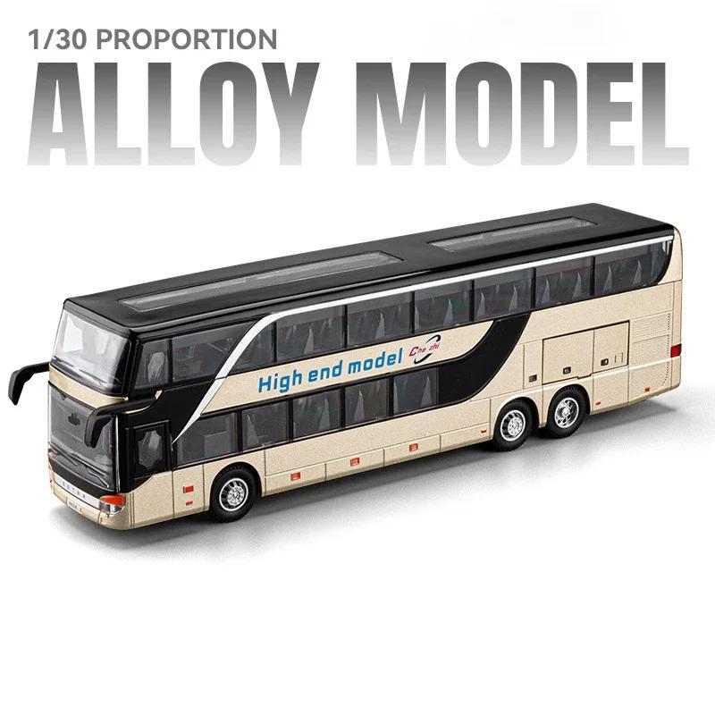 1:30 Scale Double-decker Business Bus Model Toy Car Long-distance Buses Sound Light Pull Back Models Toys Boys Christmas Gifts
