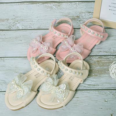 Zapatos Planos de Princesa para Niñas Sandalias de Verano para Niños de Suela Blanda con Malla Perla Lazo para Niñas Zapatos de Playa para Vacaciones Moda Versátil