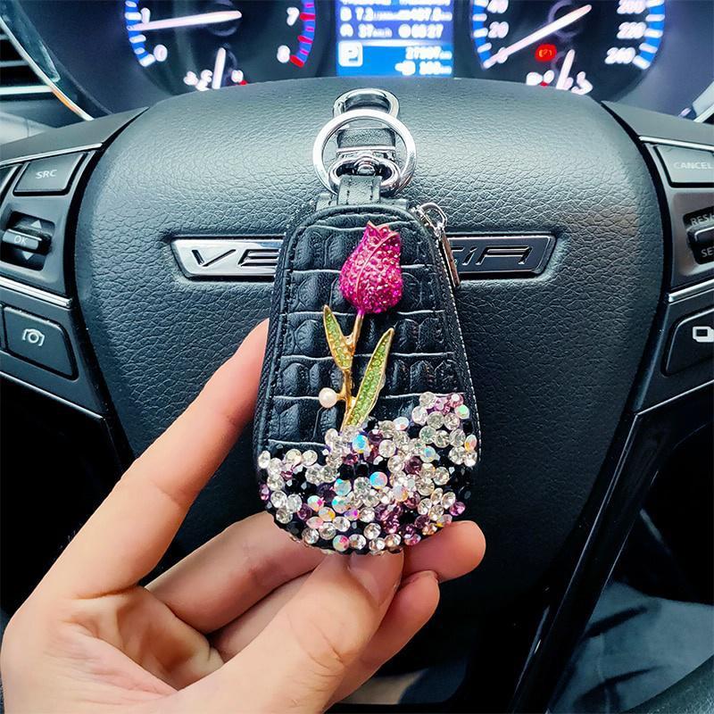 1Pc Luxury Flower Car Key Holder Storage Case Crystal Keychains Key Cover Key Bag for Car Accessories