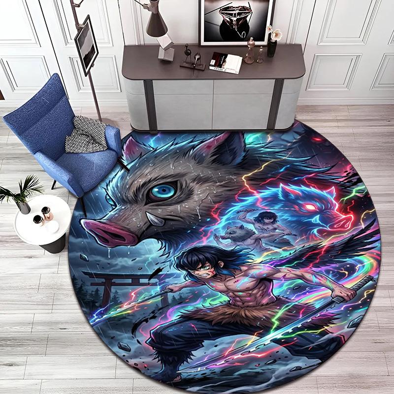Classic Japanese-style Cartoon Demon Slayer Round Rug, Home Soft Decorative Anti-slip Yoga Mat and Chair Mat, Outdoor Floor Mat Carpet K27