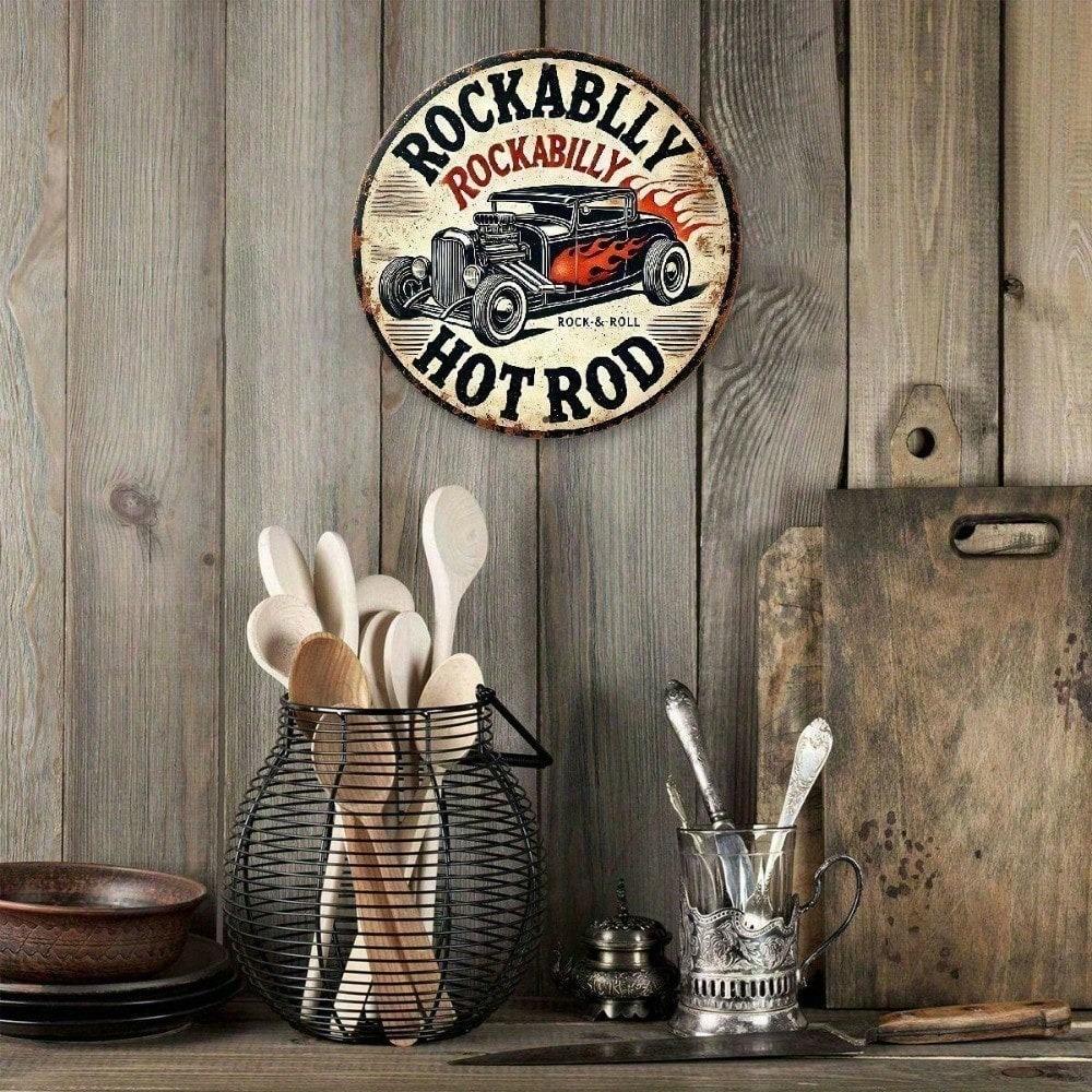 Retro Tin Sign Vintage Hot Rod Car Aluminum Wall Decor 12 Inch Round Man Cave Garage Art