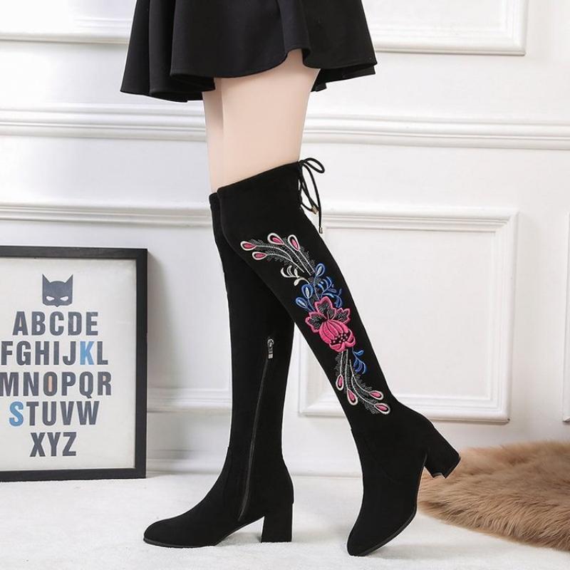 Damen Stiefeletten mit Stickerei, Herbst, neue High Heels, Schlupfschuhe, spitze Zehenpartie, lange Damenstiefel mit elastischem Overknee-Absatz