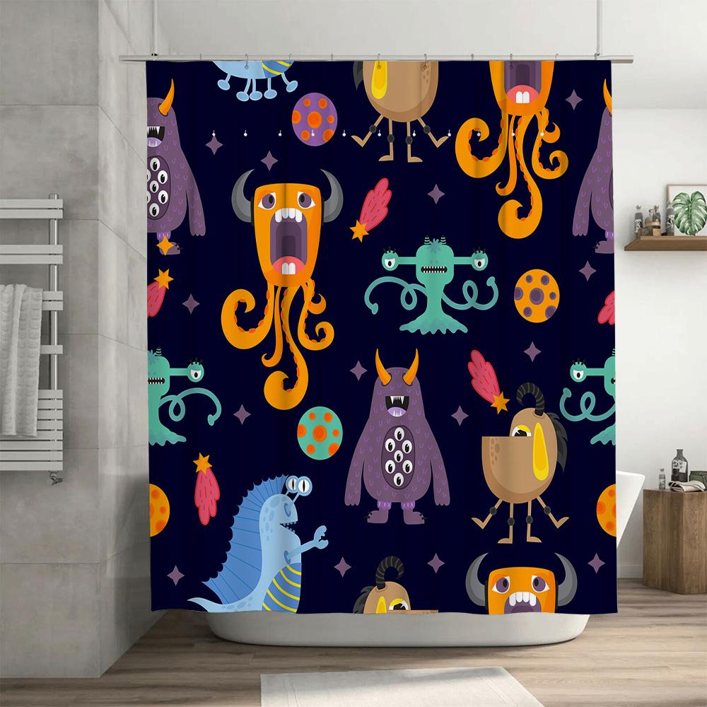 Multicolored Cartoon Monsters Shower Curtain Waterproof Fabric for Bathroom Decor Space Theme Print Kids Love Size72x84 inches