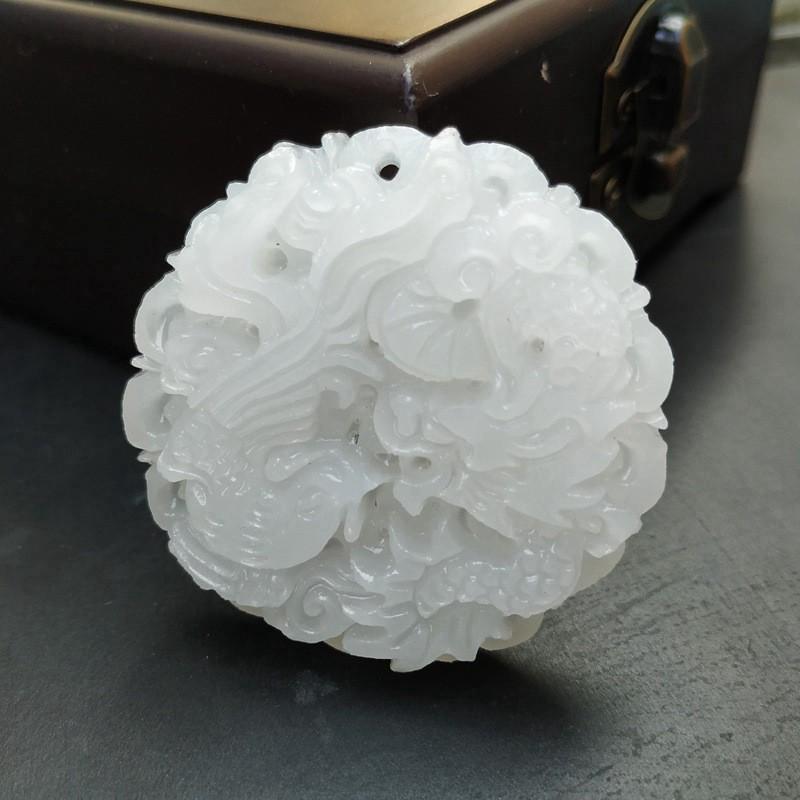 Afghanistan White Jade Dragon & Phoenix Pendant - Auspicious Five Blessings Necklace Gift