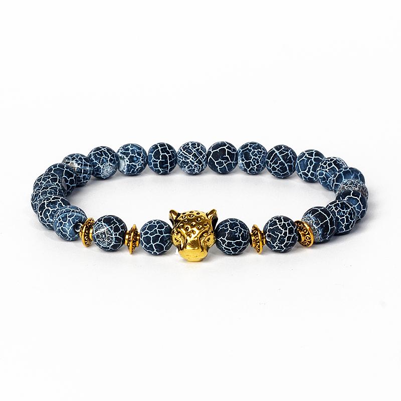 Leopard Head Beaded Bracelets for Men Women 8mm Rock Lava Stone Crown King Lion Charm Bracelet Set Natural Stone Elastic Jewelry
