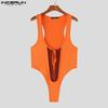 INCERUN Men Sleeveless Deep U Neck Mesh Patchwork Bodysuits Jumpsuits Rompers