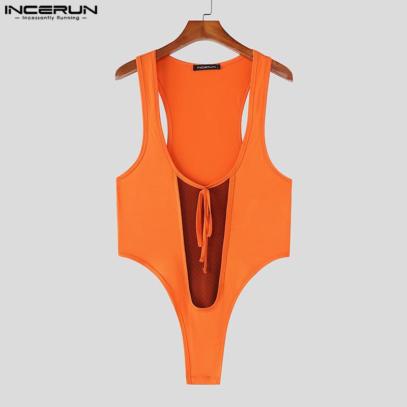 INCERUN Men Sleeveless Deep U Neck Mesh Patchwork Bodysuits Jumpsuits Rompers